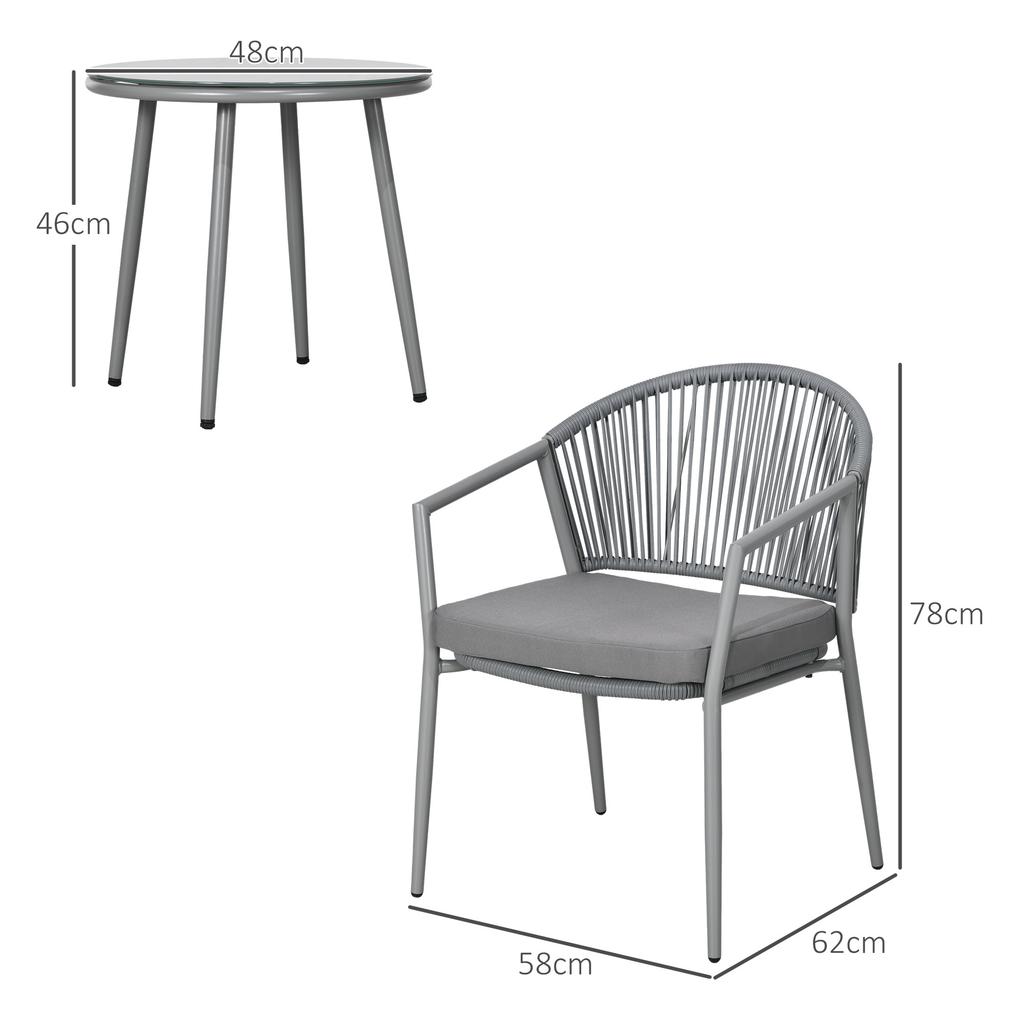 Garden Furniture Set, 2 Chairs & 1 Table with Glass Top, Rattan Look, Weatherproof, Metal Frame, Grey