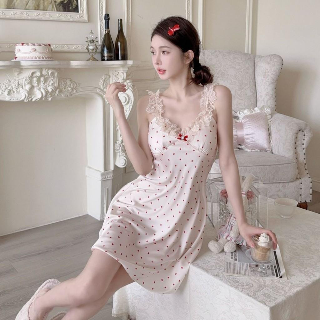 Pure Desire Style Womens Pink Bubble Dot Sleeveless Sleep Dress With Breathable Ice Silk For Home Comfort