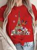 T-shirt da Donna Torre Eiffel Floreale - Grafica Ispirata a Parigi, Stampa Romantica con Farfalle per Uso Quotidiano Casual
