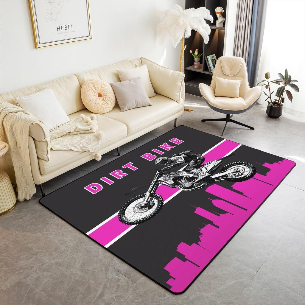 Teen Dirt Bike Area Rug for Living Room Motocross Rider Floor Mat Motorbike Extreme Sport Carpet Snow Mountain Landscape Doormat