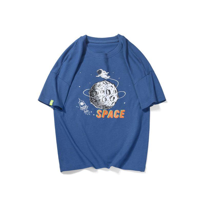 Children s Cartoon Loose Astronaut Short-Sleeved T-shirt Peacock Blue 120