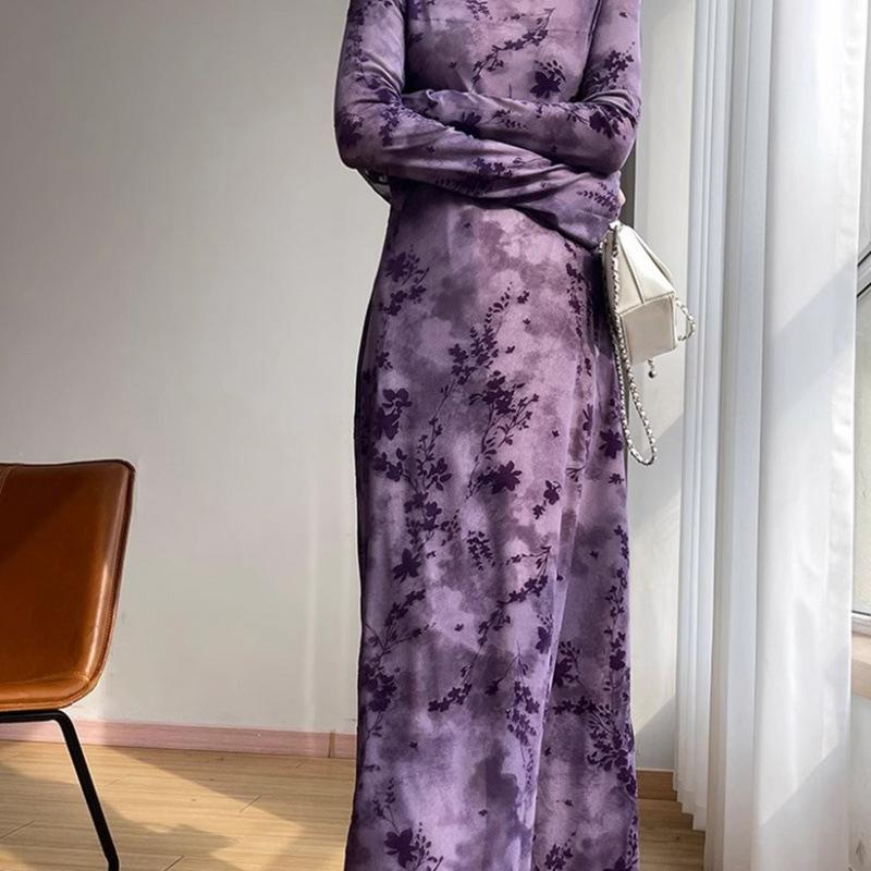 Hongkong-Stil Retro Netzdruck Langes Kleid Schmale Passform Reine Begierde Dreidimensionaler Jacquard Retro Taille Fischschwanzrock