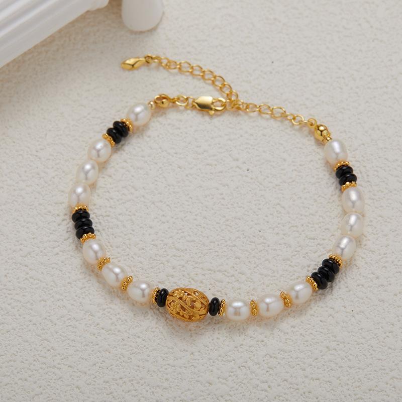 S925 Sterling Silver Natural Pearl And Black Agate Color Bracelet Women'S Fashion Premium Handmade Beaded Chain Earrings