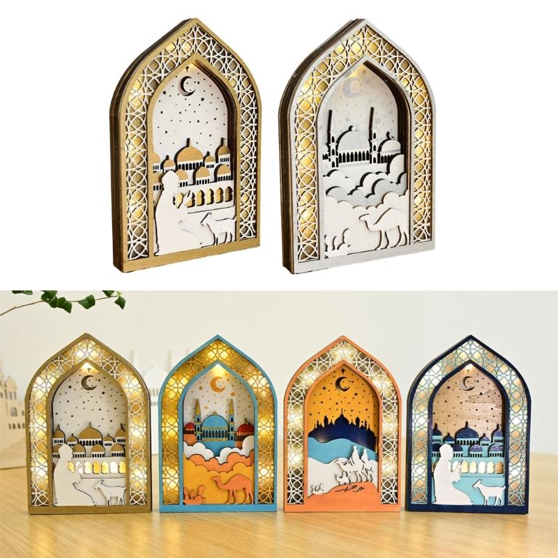 EID Wooden Pendant with LED Light Ornament Islamic Festival Supplies DIY Craft Perfect for Ramazan Home Party Decoration