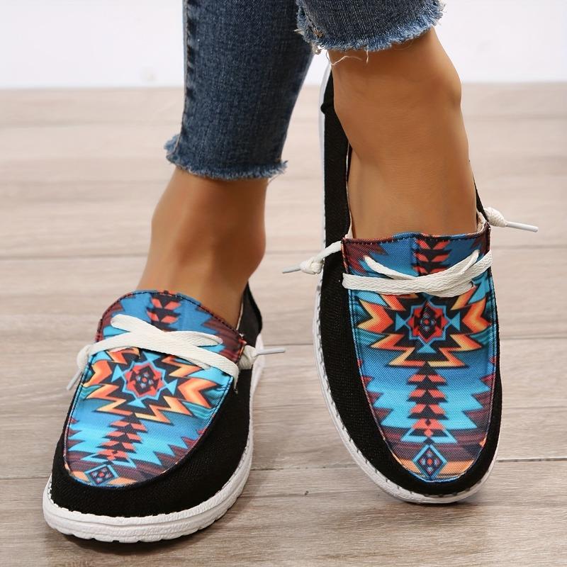 Women'S Black Geometric Slip-On Loafers - Casual Fabric Upper with Vibrant Teal, Orange Brown Pattern, Round Toe Design, Comfortable EVA Sole