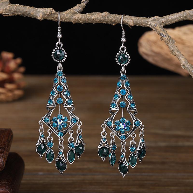 Bohemian Ethnisch Lang Blau Acryl Kristall Wassertropfen Ohrringe für Damen Retro Temperament Geometrisch Hängende Ohrringe Schmuck