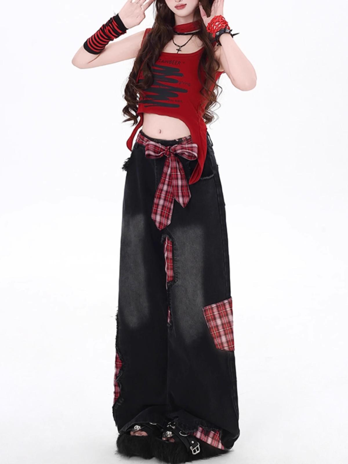 

Красные клетчатые джинсы пэчворк с высокой талией и широкими штанинами - Женские свободные брюки прямого кроя длиной до пола 2025 Medium