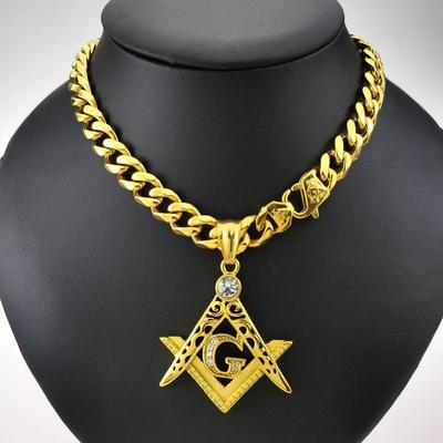 Rhinestone Pendant Necklace 11mm Width Yellow Mens Women Freemasonry Masonic Mason Stainless Steel