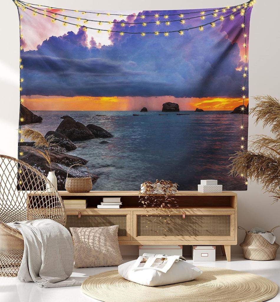 Fall Tapestry, Vibrant Misty Day in Forest Sun Rays Trees Foliage Fallen Leaves Calm View, Wide Wall Hanging for Bedroom Living