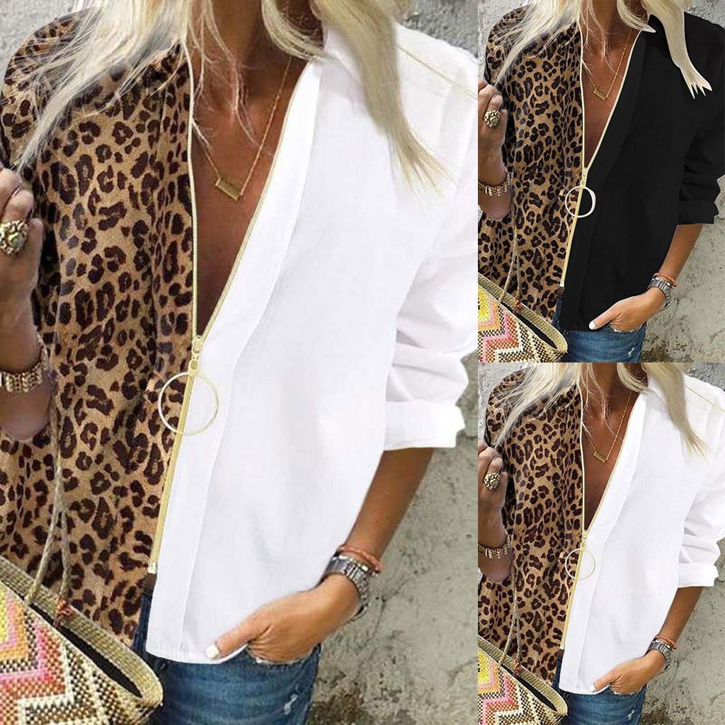 

Женщины Повседневный V Шея Длинный рукав Леопард Пэчворк Молния Популярные блузки Топы