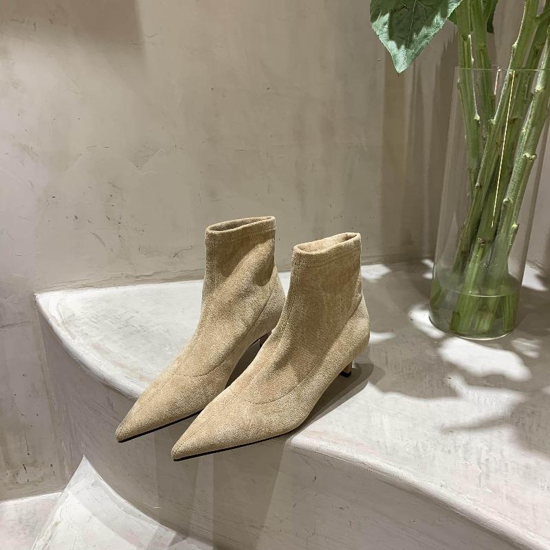 Spring Autumn Suede Women Ankle Boots Fashion Pointed Toe Back Zipper Ladies Elegant Short Booties Thin Low Heel Pumps