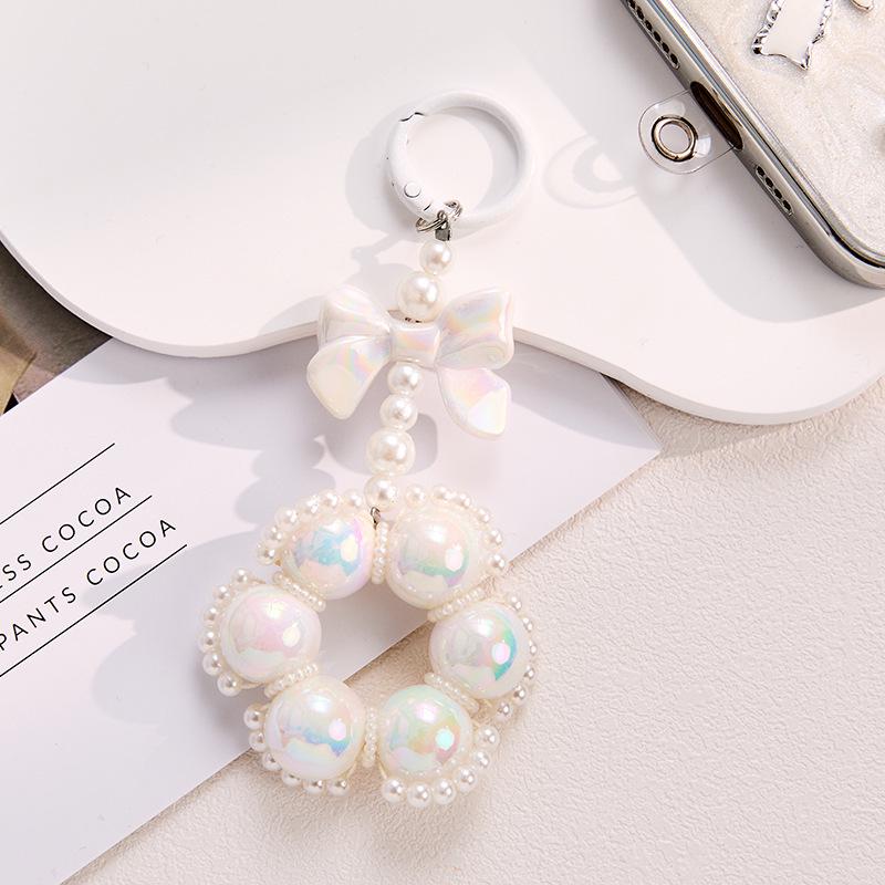 Pearl Bow Phone Lanyard with Sweet French Style Bag Keychain and Round Clasp
