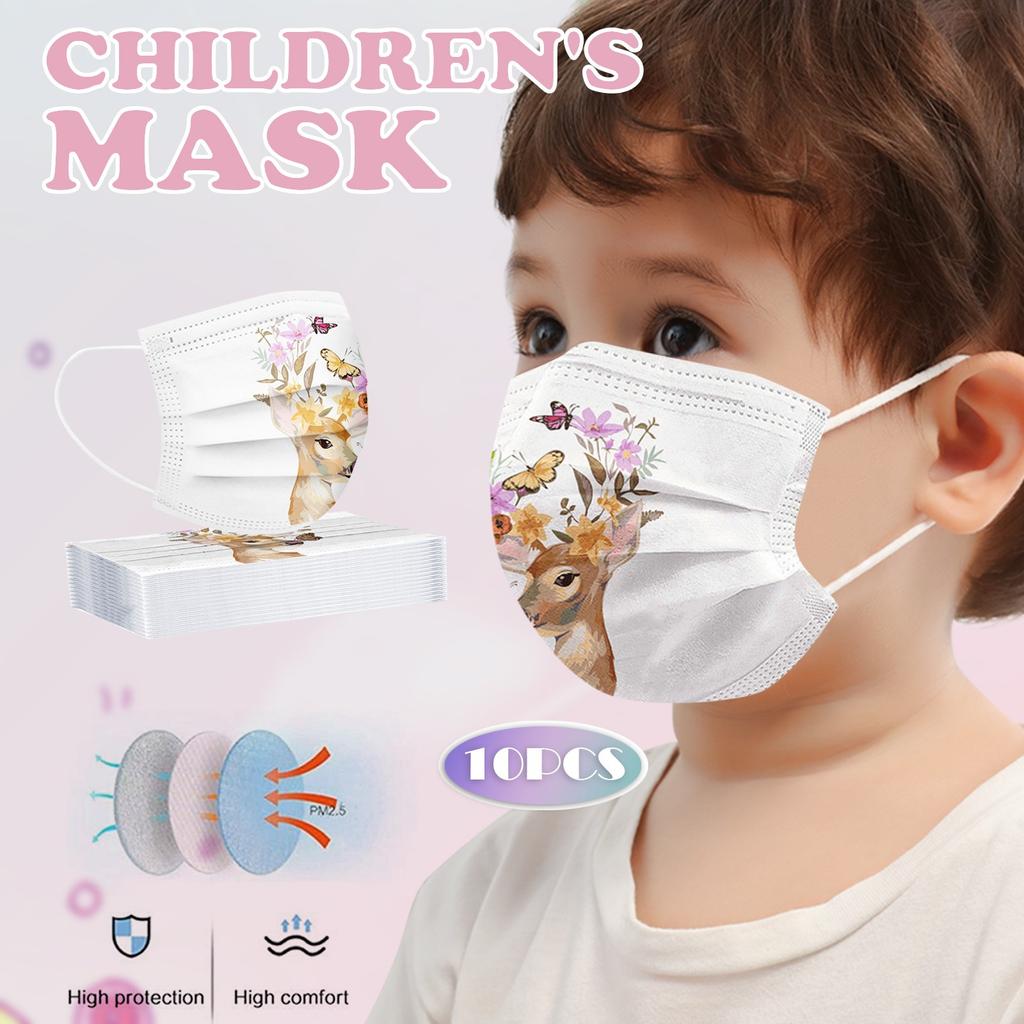 10pcs Children's Mask Disposable 3 Ply Safety Face Masks, Dust-Mask With Stretchable Earloops
