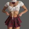 Grembiule Costume Novità con Bordi in Pizzo Grembiule Pulizia Retrò da Donna Completo Gioco di Ruolo Insegnante Cosplay Lingerie Babydoll Reggiseno Gonne a Quadri