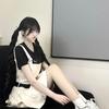 American Retro Academy Style Summer Slimming High-Waist Black Skirt with Cute Suspenders Set