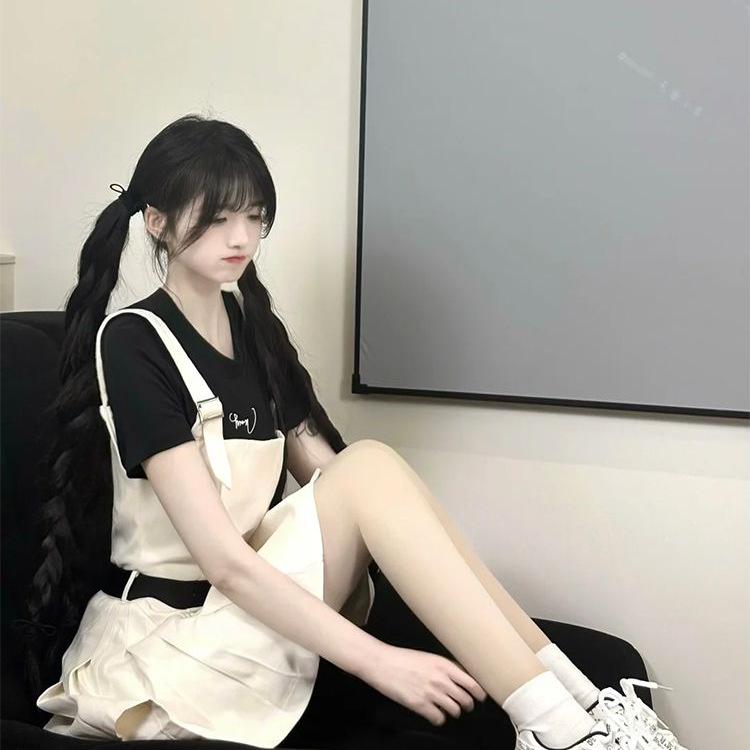 American Retro Academy Style Summer Slimming High-Waist Black Skirt with Cute Suspenders Set