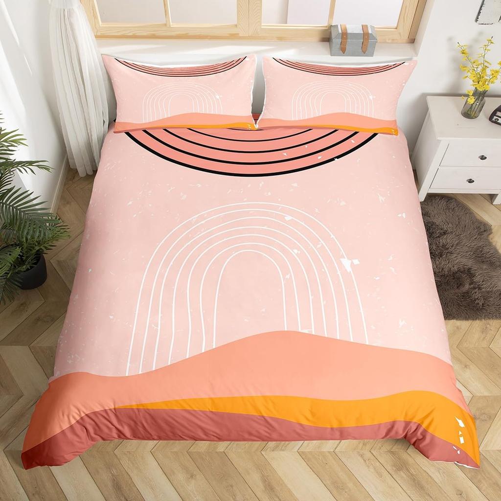 Abstract Red Sun Geometric Lines Duvet Cover Aesthetic Bedding Set Vintage Minimalist Comforter Cover Modern Circle Quilt Cover