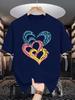Unisex Crew Neck Tee Multicolor Hollow Heart Abstract Art Print Soft Cotton Loose Short Sleeve Summer Casual Male Streetwear Tops
