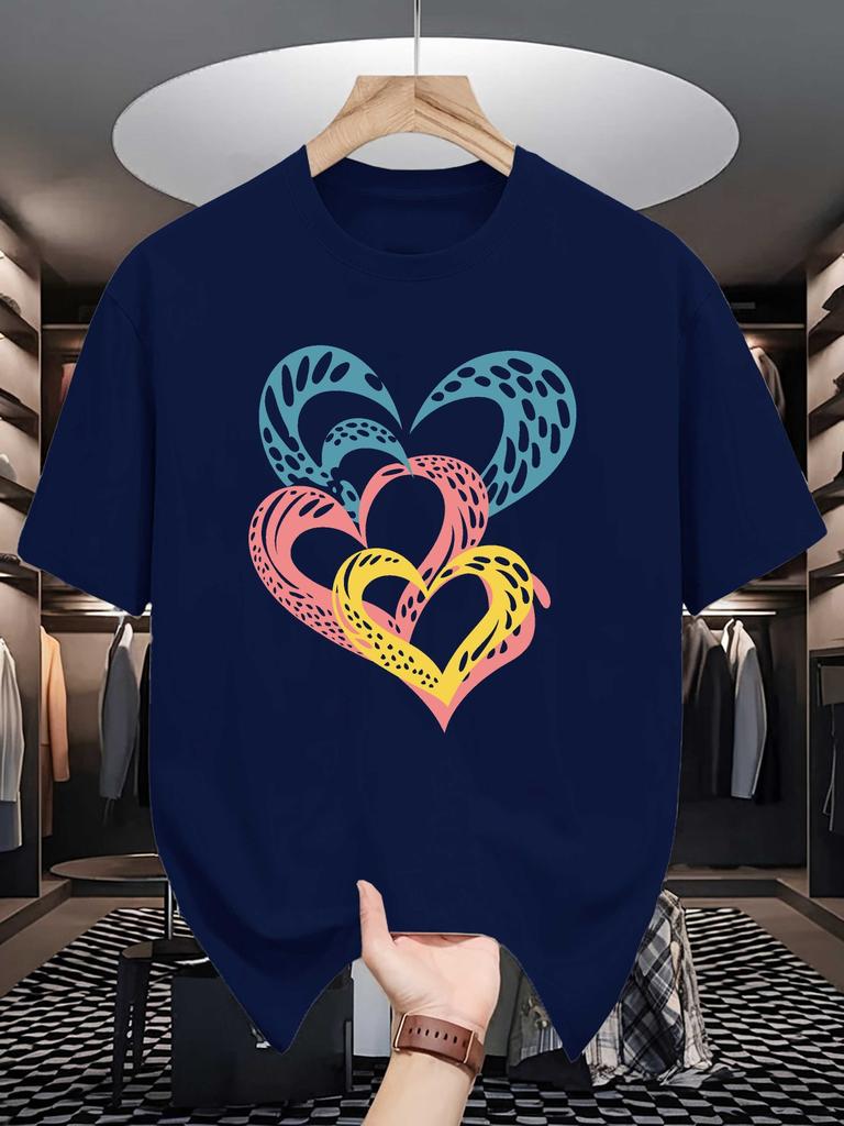 Unisex Crew Neck Tee Multicolor Hollow Heart Abstract Art Print Soft Cotton Loose Short Sleeve Summer Casual Male Streetwear Tops