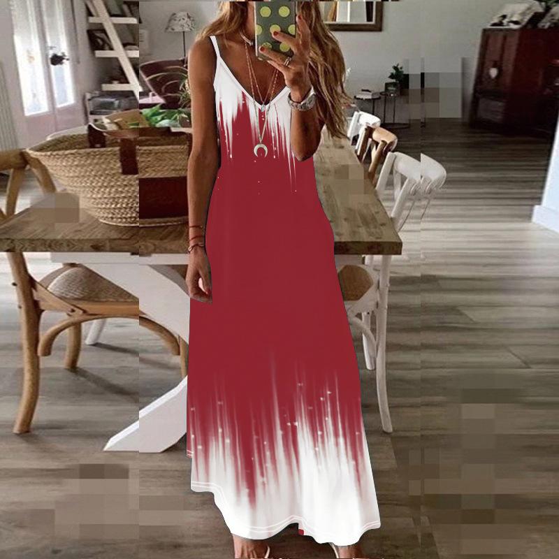 Women's Gradient Print Spaghetti Strap Maxi Dress Casual V Neck Sleeveless Long Beach Dress