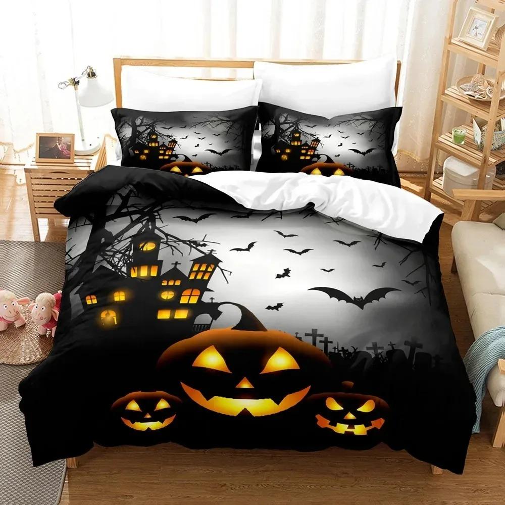 Comforter Halloween Bedding Set Kingqueen Size Cartoon Pumpkin Lantern Castle And Bat Dark Horror Night Polyester