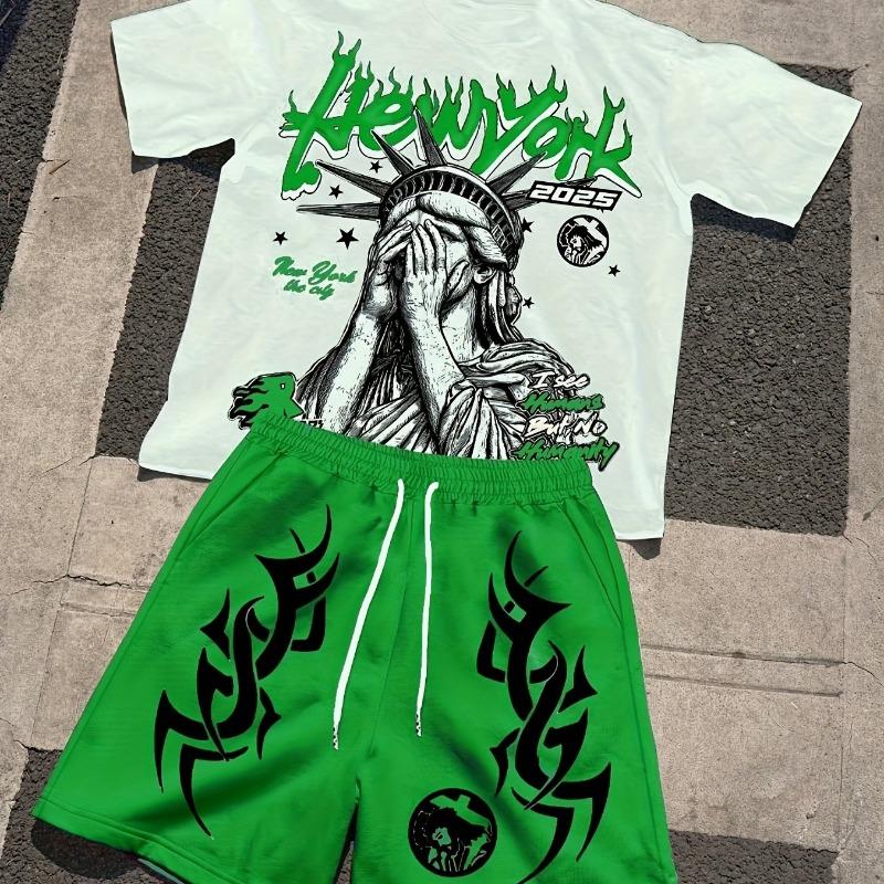 

2-piece men s New York letter printed round neck short-sleeved T-shirt and shorts set, trendy summer street style wear XL