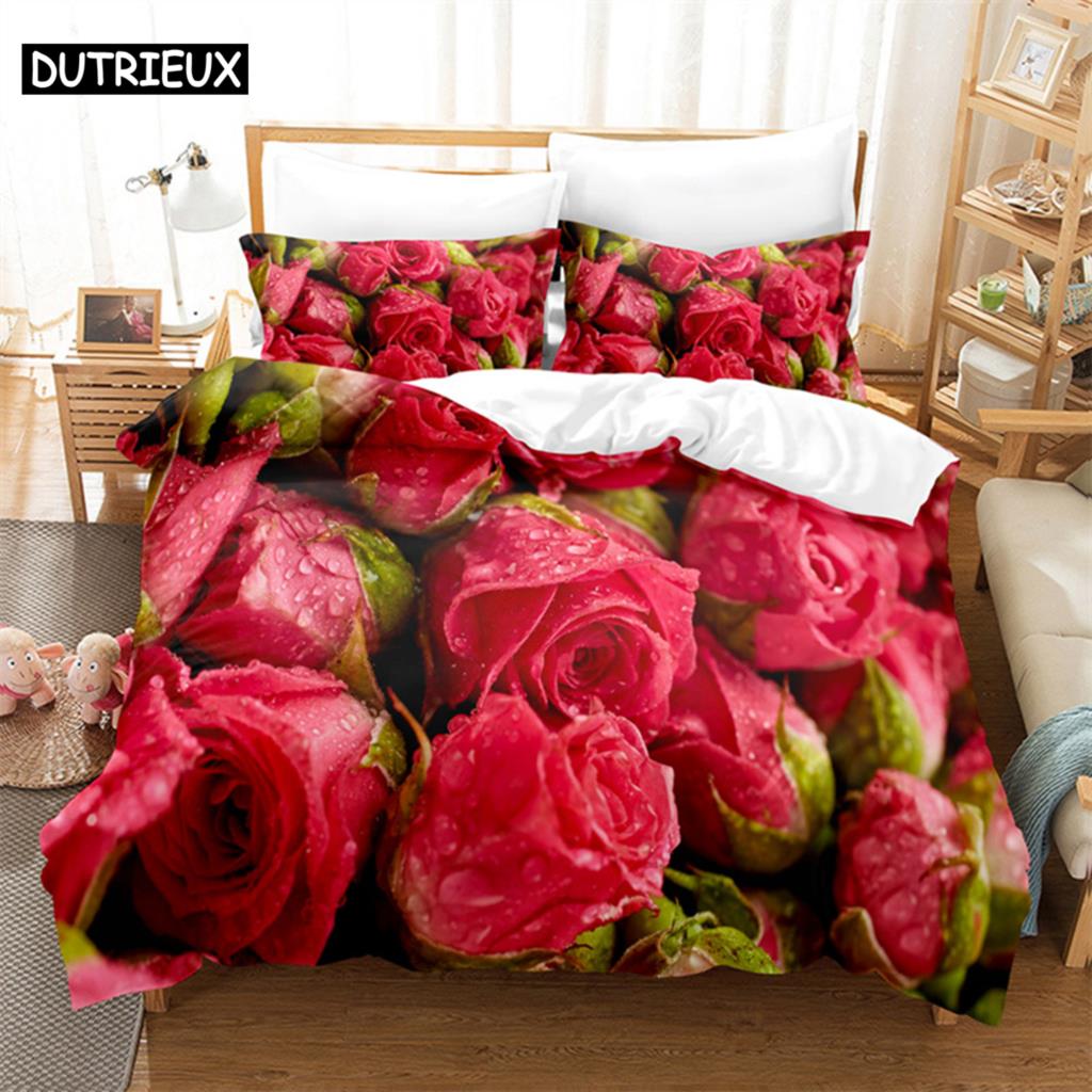 Flower Duvet Cover Set Double Bed Single Red Rose Quilt Cover Thin 3D Comforter Bedding Sets 3pcs 2Pcs King Size Full Wedding
