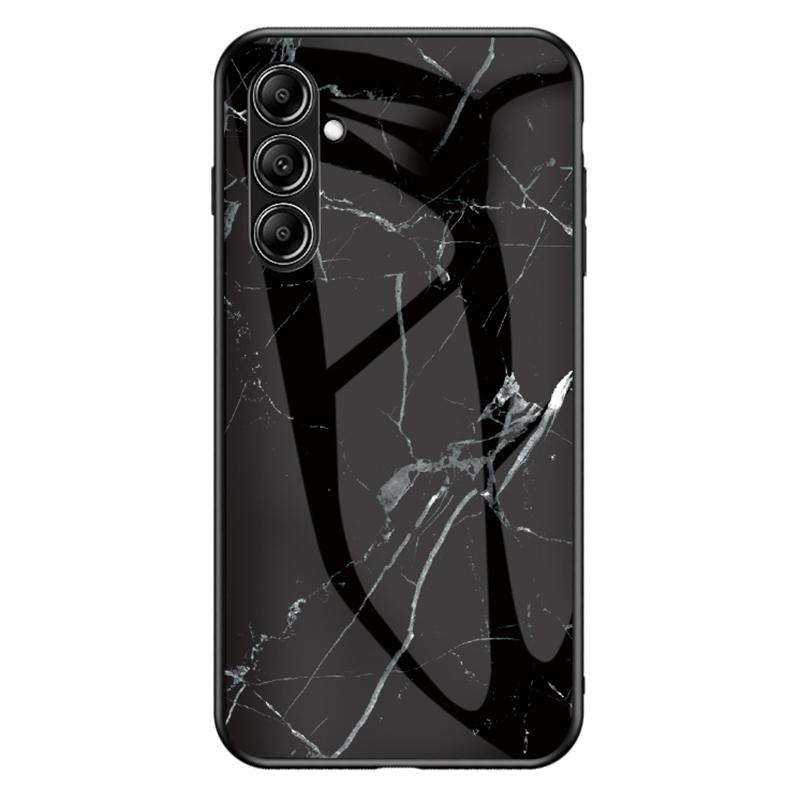 

For Samsung Galaxy S23 FE Marble Pattern Phone Case Tempered Glass+PC Back TPU Frame Protective Cover Black Marble