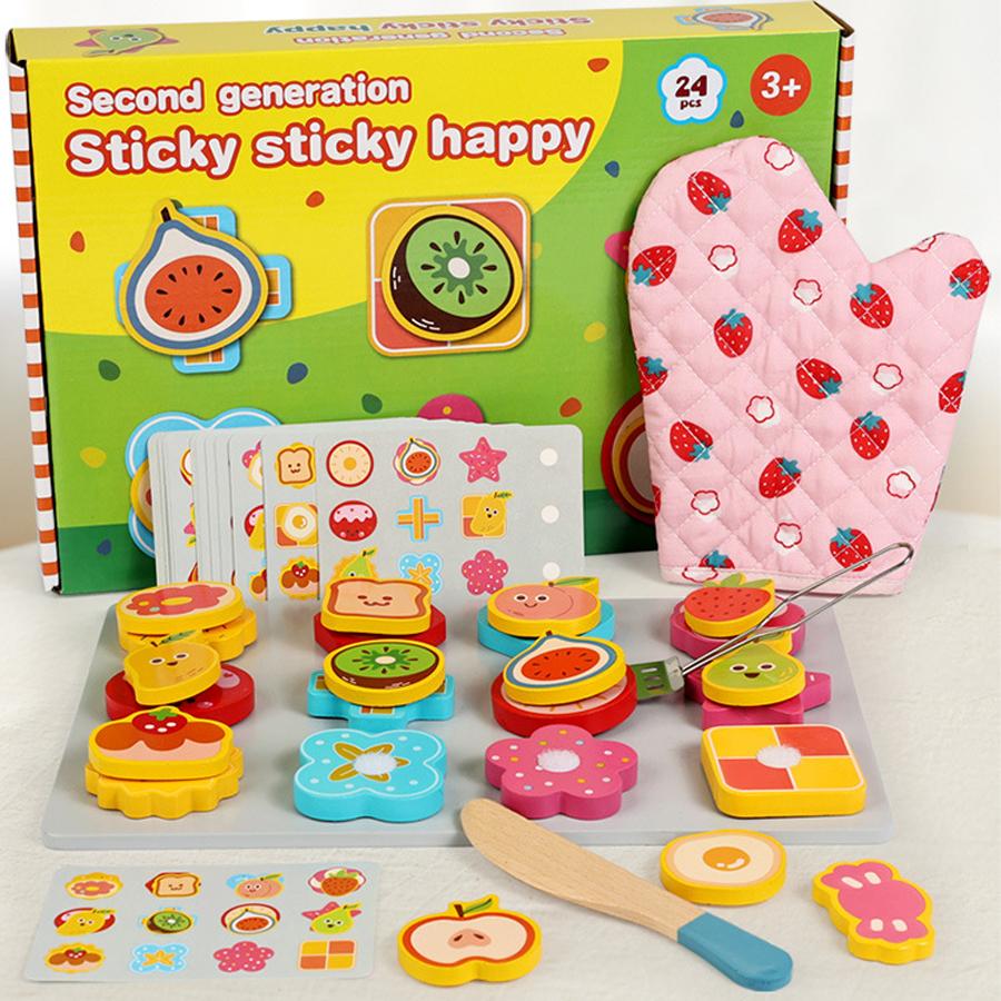 

Wooden Kitchen Pretend Play Set Montessori Simulation Food Sticky Game Accessories Kitchen Playset Toy for Toddlers Gifts