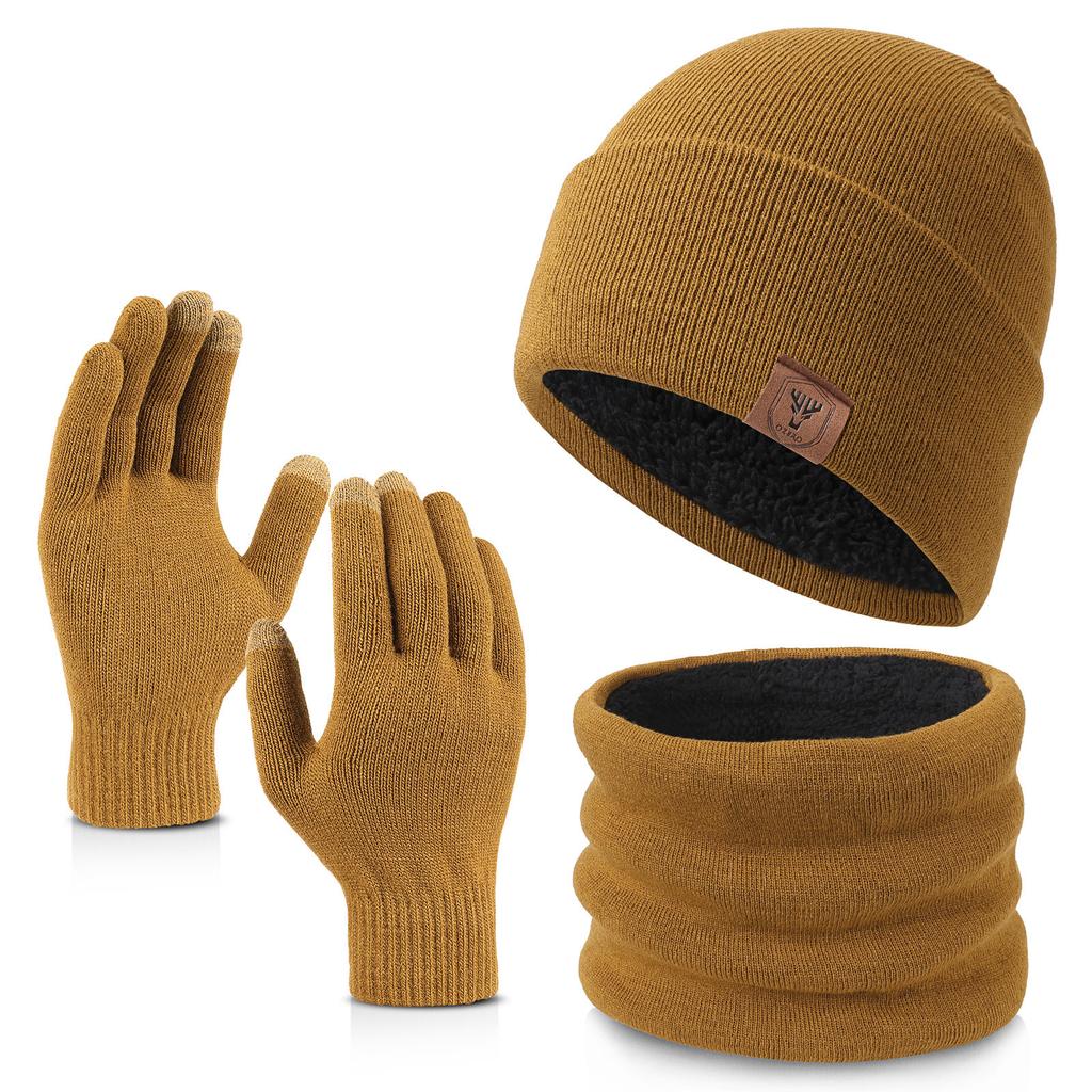Hat Scarf Gloves Three Piece Set European and American Autumn and Winter Double Layer Plus Velvet Warm Hat Three Piece Set