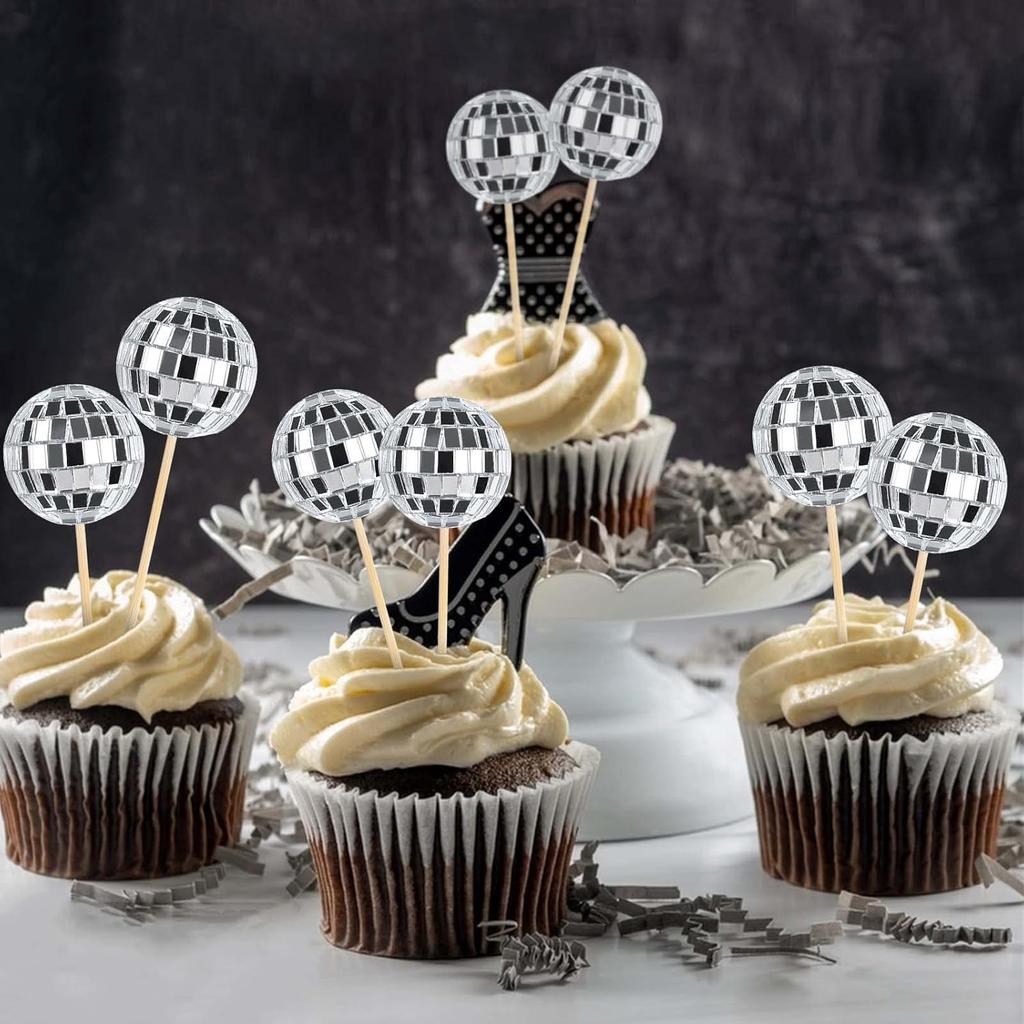 23pcs Disco Ball Cupcake Toppers Happy Birthday Cake Topper Decorations for Disco Theme Party 70s Disco Party Favor