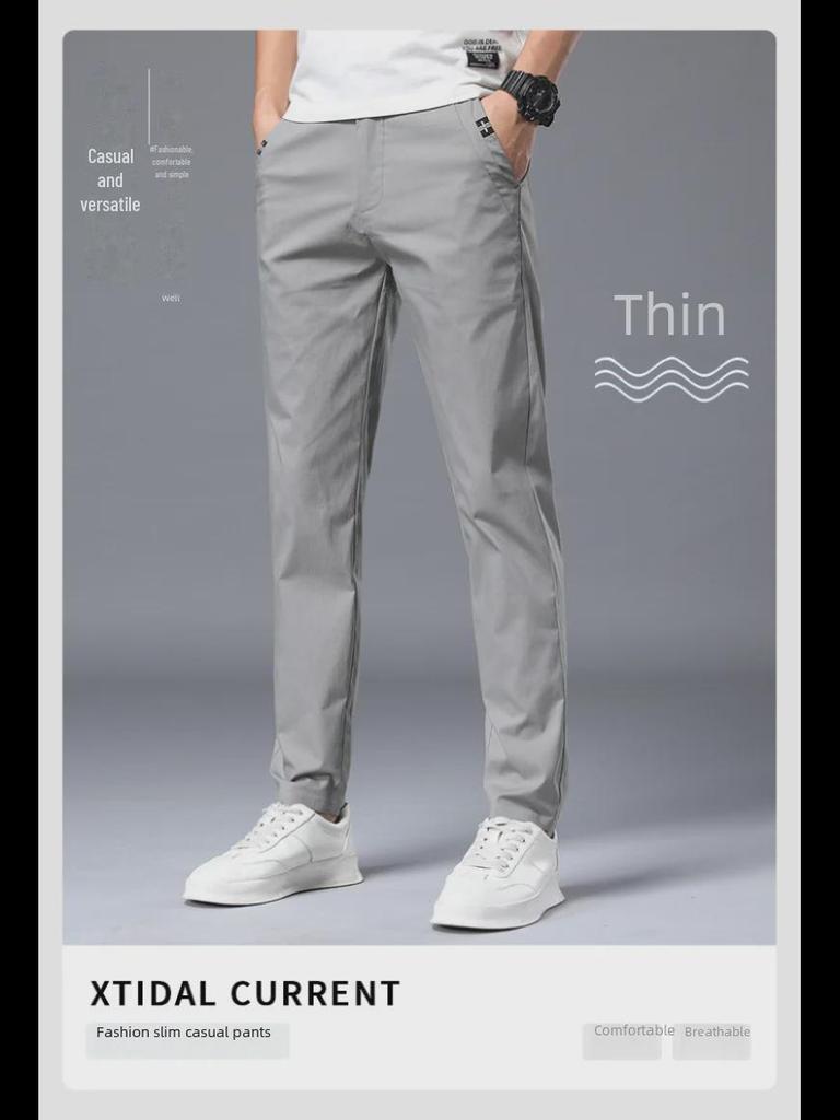 Mládežnické rychleschnoucí strečové kalhoty z ledového hedvábí v korejském stylu - Slim, prodyšné, jednobarevné ležérní kalhoty pro všechna roční období.