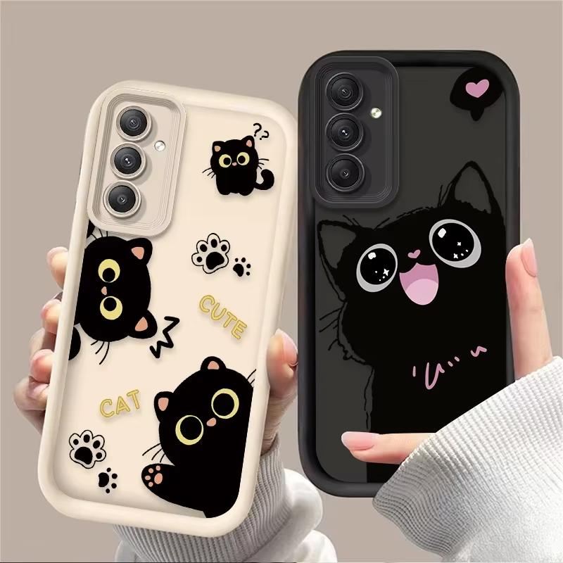 Lovely Black Cat Silicone Case For Samsung Galaxy S25 Ultra S24 S23 S22 Plus S21 FE S20 A55 A54 A15 A35 Shockproof Soft Cover