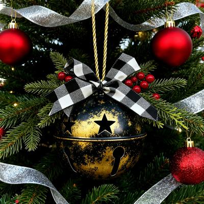 Yousheng Christmas Bells Ornament Rustic Christmas Jingle Bell with Pine Needles Red Berries Plaid Bow Metal Sleigh Bell Farmhouse Xmas Tree Hanging