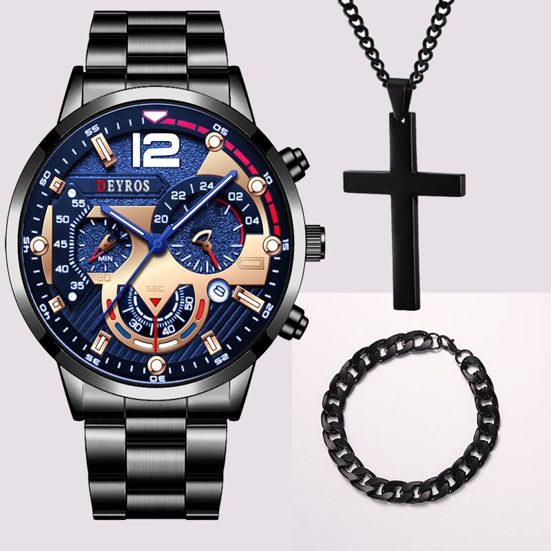 3 stk/sett, 1 stk Herre Quartz Armbåndsur & 1 stk Armbånd & 1 stk Halskjede Sett, Ideelt Valg for Gaver Til Menn