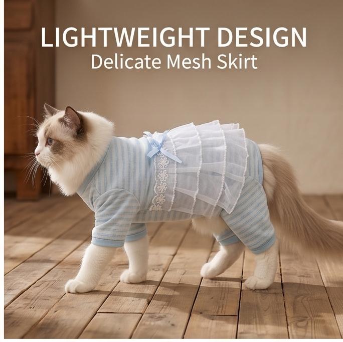 Macacão Respirável para Gato com Acabamento em Renda, Fino para Verão Anti-Queda de Pelo Roupa para Pets de 4 Patas para Filhotes e Gatos, 5 Tamanhos