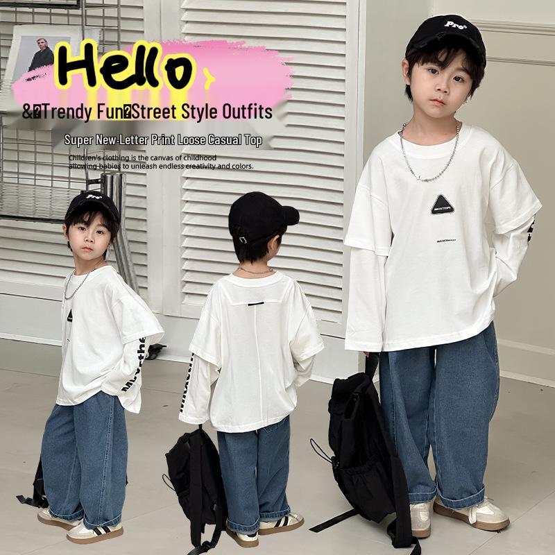 Boys' Trendy Hip-Hop Sweatshirt 2025: Autumn Style, Long-Sleeve Fake Two-Piece for Small and Medium Kids