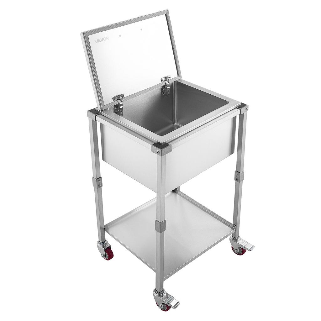 VEVOR Rolling Ice Chest Cooler Cart Stainless Steel Cooling Bin 54.6 L, Outdoor Stand Up Cooler Trolley with Wheels, Flip Lid, and Shelf