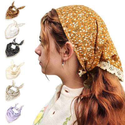 Triangular Style Headscarf with Lace Trim Floral Print Women Headband Women Makeup