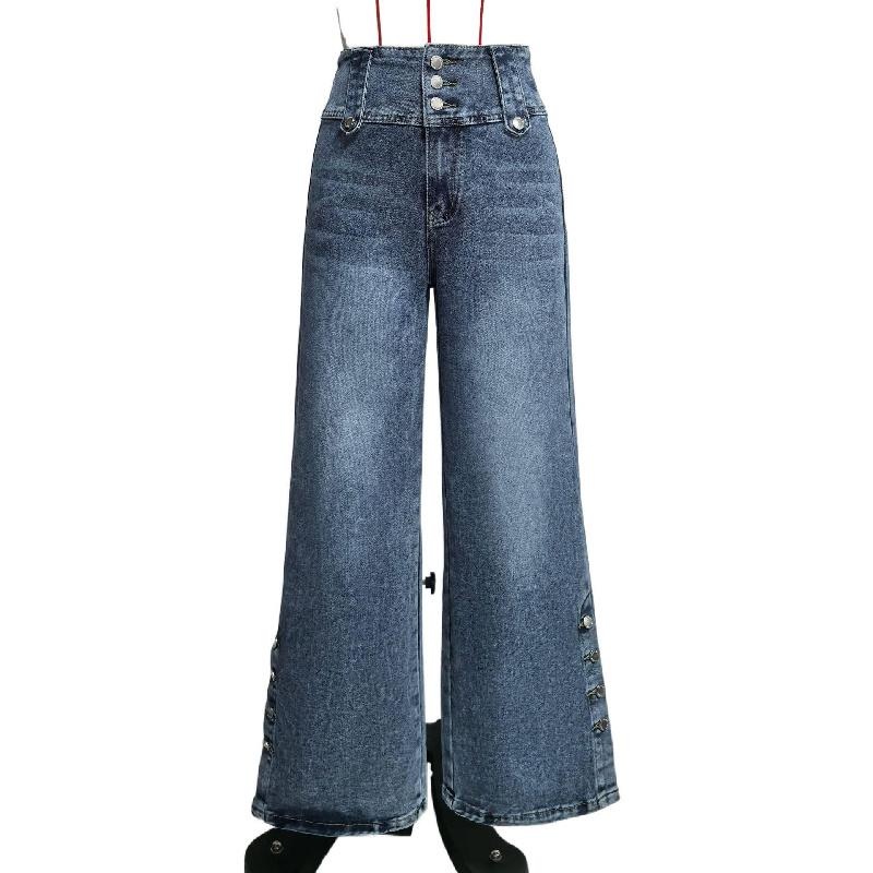 2026 Spring/Summer New Women's High-Waisted Vintage Buttoned Denim Wide-Leg Pants with Split Hem