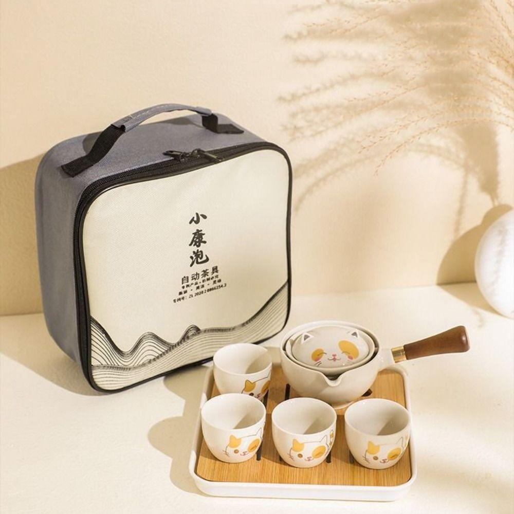 5/7pcs 360° Rotating Lucky Cat Teapot Set Ceramic Bubble Tea Set Exquisite Kung Fu Tea Pot Set  Gift