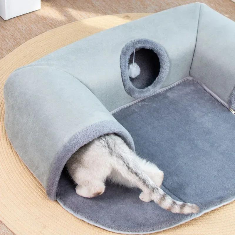 Cozy 3-in-1 Pet Tunnel Bed-Warm Nest Play Mat with Non-Slip Base Ideal for Small/Medium Cats Dogs & Rabbits Home Kennel Products