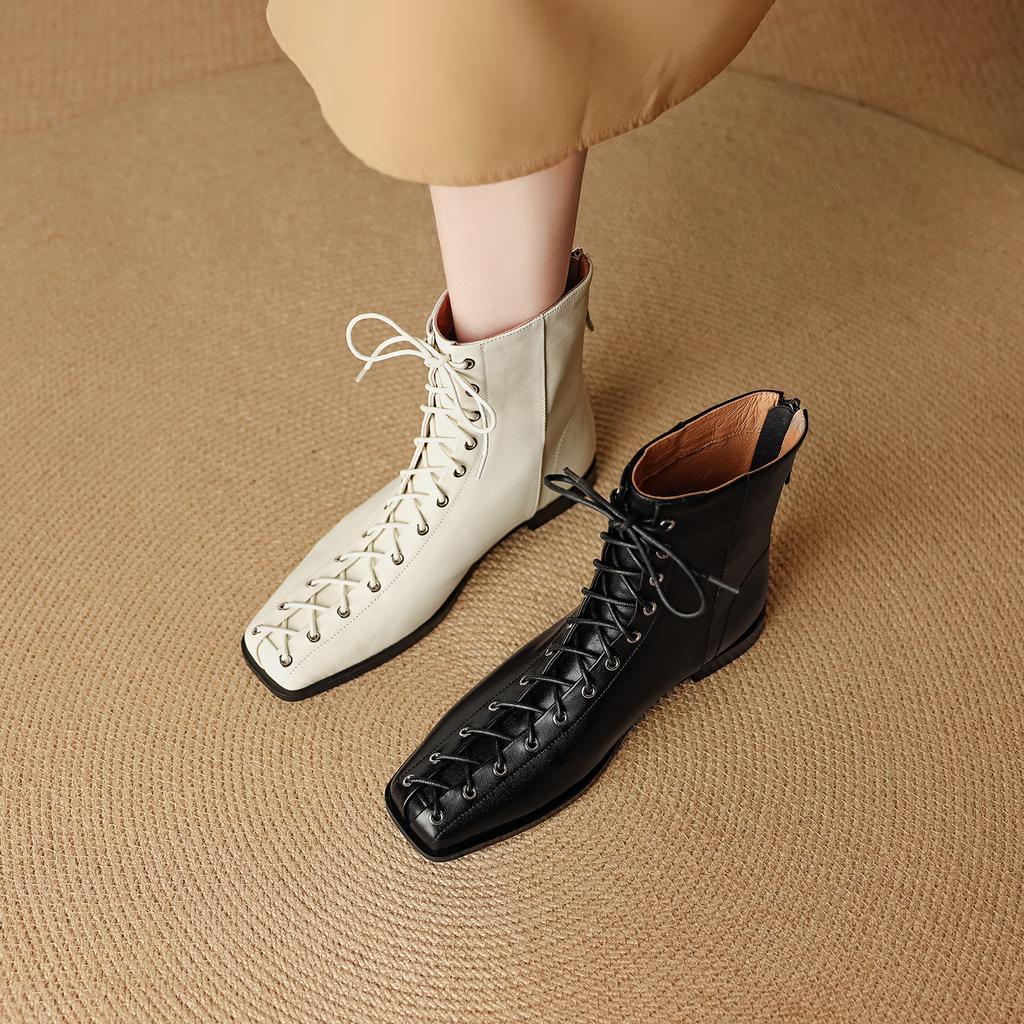 Fashion 2025 New Autumn Women Boots Genuine Leather Women Shoes Square Toe Low Heel Chelsea Modern Boots Zipper Short Boots Mid-calf
