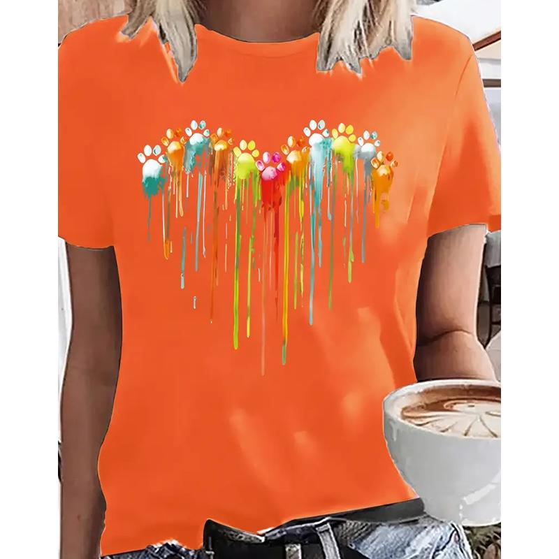 Women Summer T Shirt Retro Fashion Short Sleeve Tees Casual Colorful Love Printed  Tops