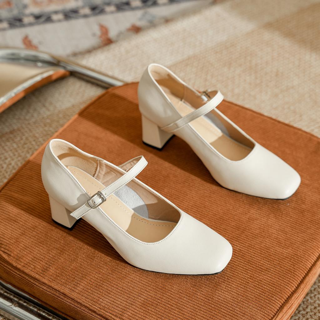 Skórzane buty na grubej podeszwie, średnim i niskim obcasie, damskie, z paskiem na jeden guzik, Mary Jane, buty damskie, styl bajkowy, do spódnicy, francuskie, na wysokim obcasie