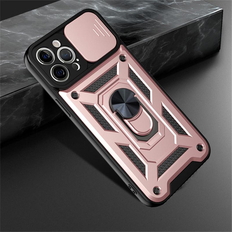 Luxury Slide Camera Lens Phone Case For iPhone 13 12 11 Pro Max X XR XS Max 8 7 6S 6 Plus Military Grade Shockproof Armor Finger Ring Stand Cover