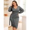 Zimní šedé pletené bodycon šaty plus size dámské elegantní šerpy výstřih do V svetrové šaty dámské dlouhý rukáv upnuté ke kolenům šaty