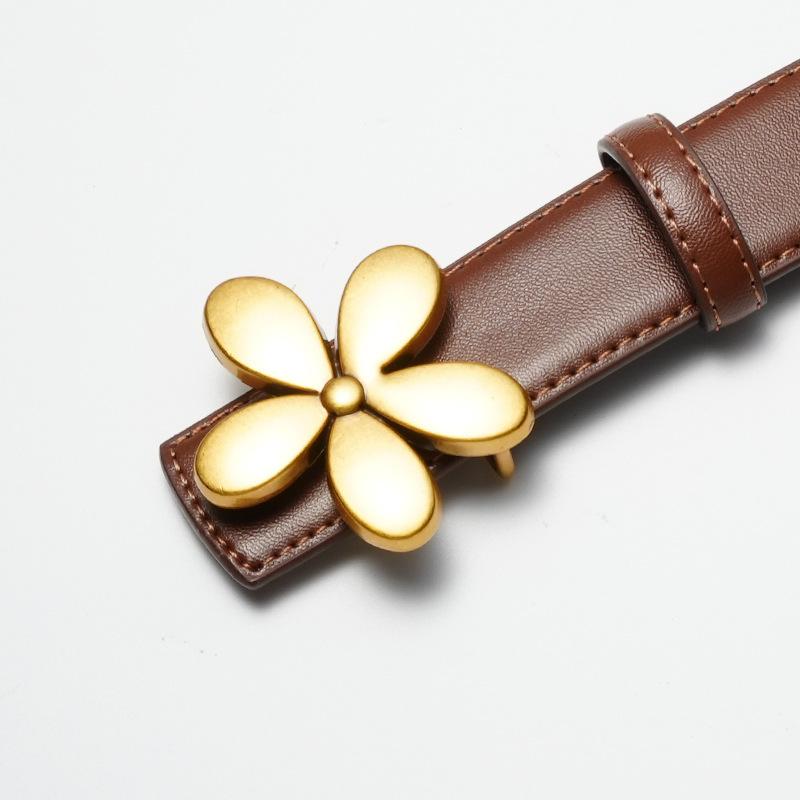 Women's Belts Flowers Fashion Decorative Belt Women's Decorative Dress Black Two-layer Cowhide Belt