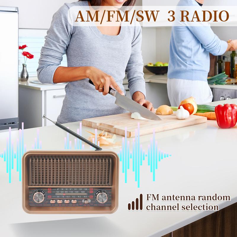 AM/FM Radio Vintage Desktop Radio, 30BTL Wooden Radio, Supports USB/1200mAh Rechargeable battery/TF, Suitable for Home, Office,