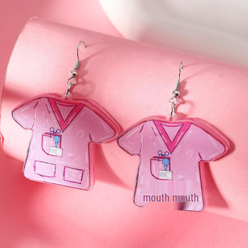 Nurse s Day Potion Bag: Pink Acrylic Nurse Uniform Earrings with Cap and Medicine Bottle Design.